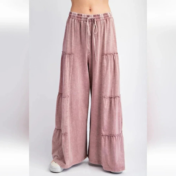 New Easel Mauve Pink Mineral Washed Tiered Pants - Picture 3 of 5